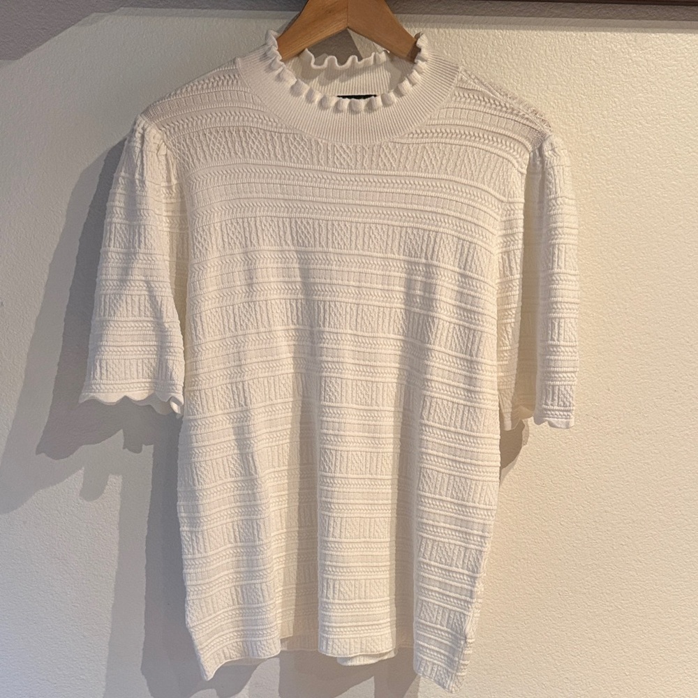 Ann Taylor Factory Textured Pointelle Stitch Ruffle Neck Sweater, White, Size L